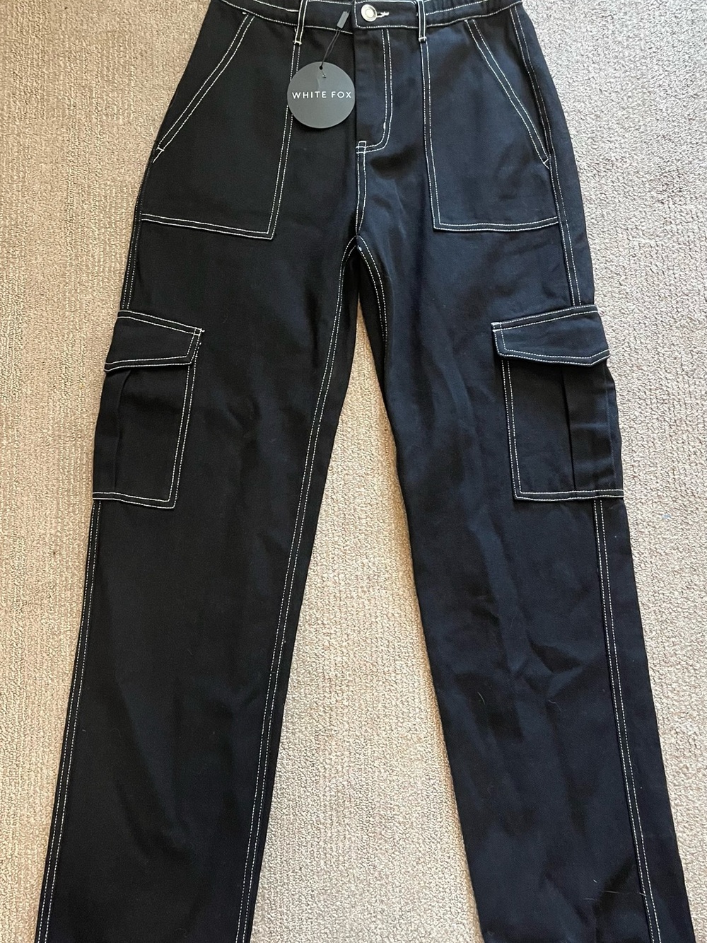 White Fox Boutique Black Straight-Leg Cargo Pants with White Contrast Stitching
